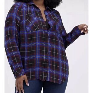 Torrid Madison Georgette Purple Blue Plaid Blouse‎ Size 1X Long Sleeve
